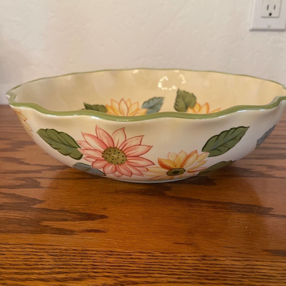 Longaberger Sunflower Pottery Large Serving Bowl with Sage Edge - Picture 3 of 5